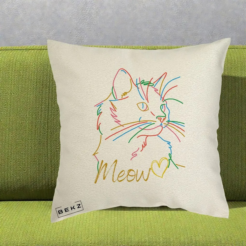 Perna Personalizata Pisica Meow Arta Linie Colorata, 40x40 cm, Ecru, Husa Detasabila, Perna Inclusa, BEKZ®