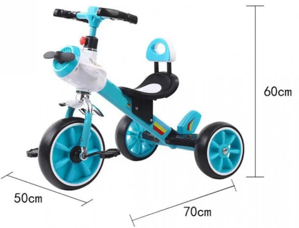 Tricicleta cu pedale NOVOKIDS™ Plane Trike, Cu melodii si lumini, Max 30 kg, Roti din spuma cauciucata, Cadru metalic, Model avion, Turquoise