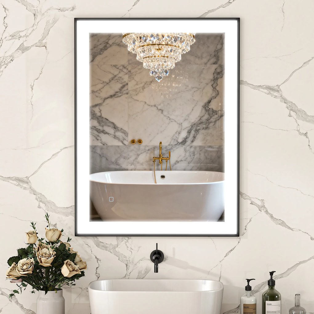 HOMCOM Oglindă de Baie cu Lumină LED 80x60 cm cu 3 Culori de Lumină Funcție Antiabur Funcție Memorie IP44 Orizontal/Vertical | Aosom Romania