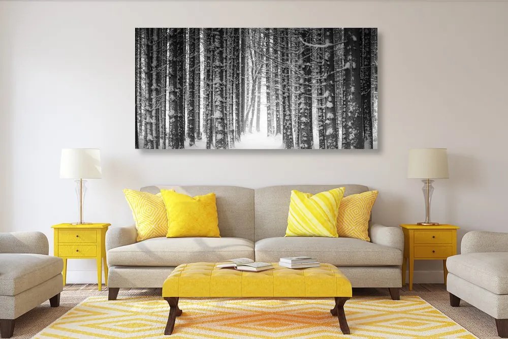 Tablou pădure învăluită cu zăpadă în design alb-negru