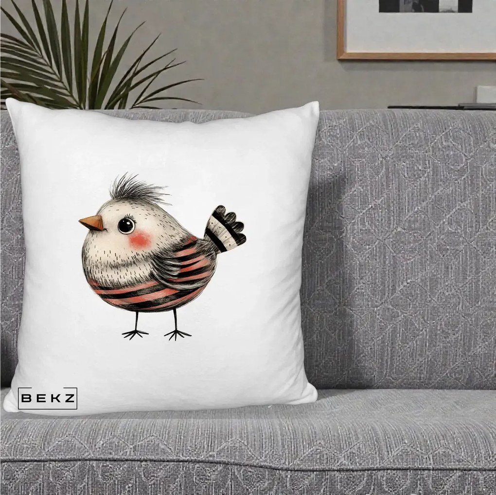 Perna Decorativa Pui Expresiv Dungi Negru-Rosu, 40x40 cm, Alb Pufos, Husa Detasabila, Perna Inclusa, BEKZ®