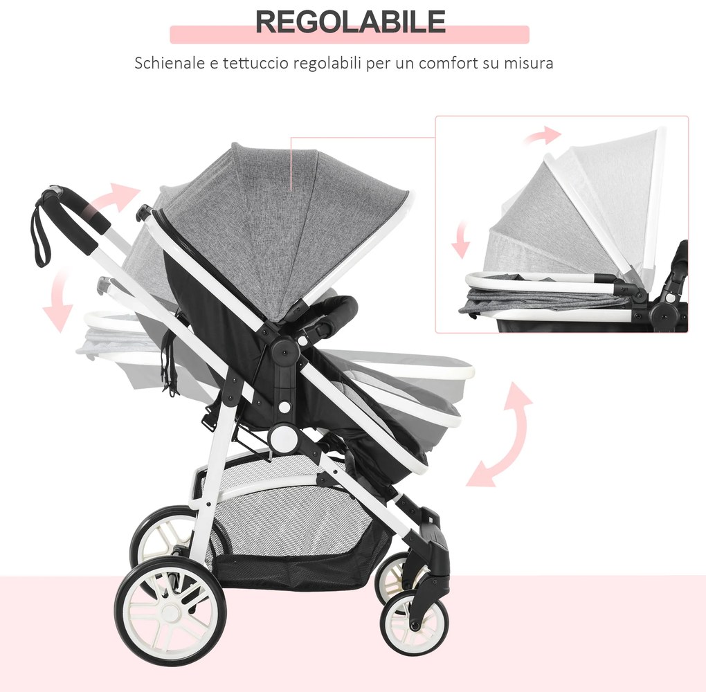 Carucior Dublu Ajustabil si Pliabil , Copii 0-36 luni, Transport pentru copii, Carucior cumparaturi 15kg, 80x51x102cm Gri HOMCOM | Aosom Romania