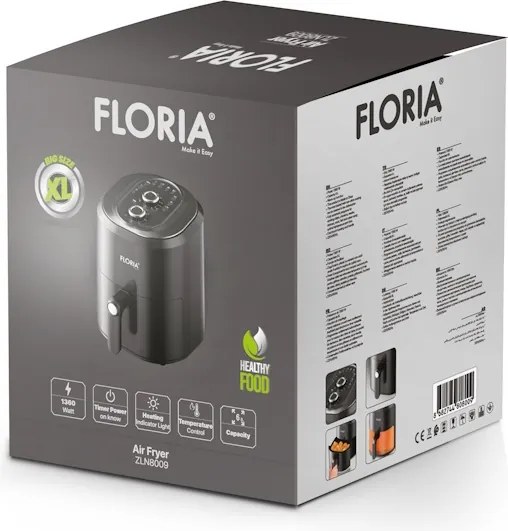 Friteuza cu aer cald Floria ZLN8009 Negru, putere 1360W, Capacitate 6 Litri, temperatura reglabila