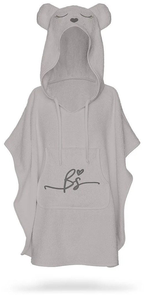 Prosop din fibra de bambus cu gluga si buzunar pentru bebelusi si copii, Poncho Teddy, Grey, 73x58 cm