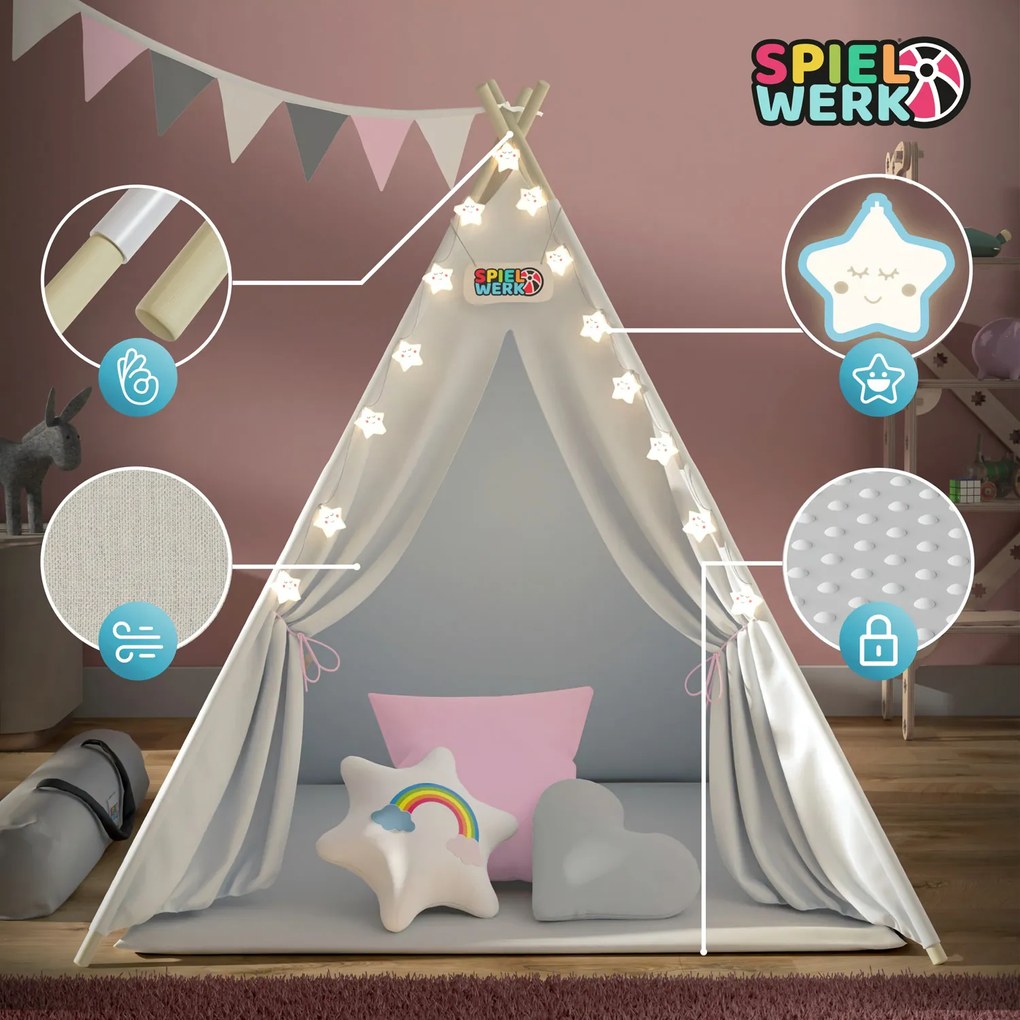 Cort tip teepee pentru copii JULIA, 160x120x120cm, bej/roz Spielwerk
