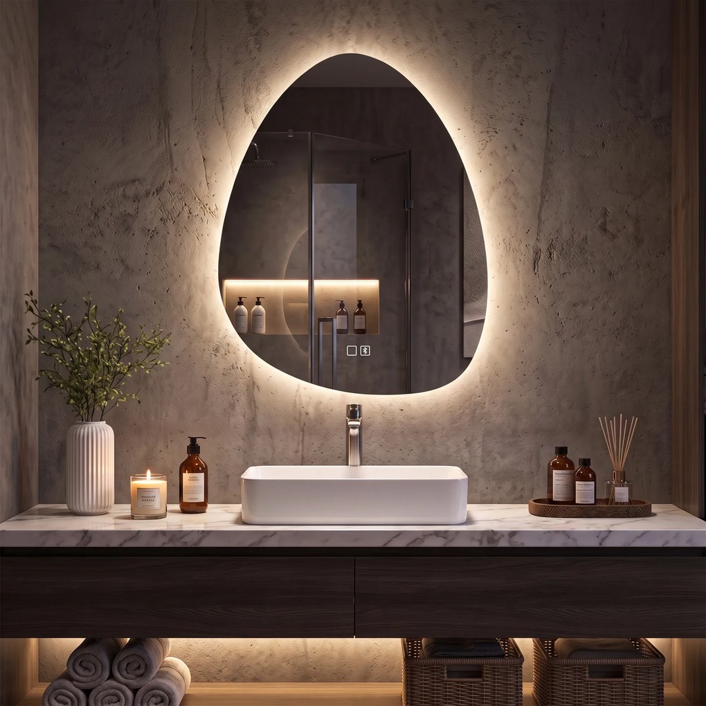 HOMCOM Oglindă de baie cu LED, 3 culori, 60x80 cm, neregulată, Bluetooth, antiaburire, touch | Aosom Romania