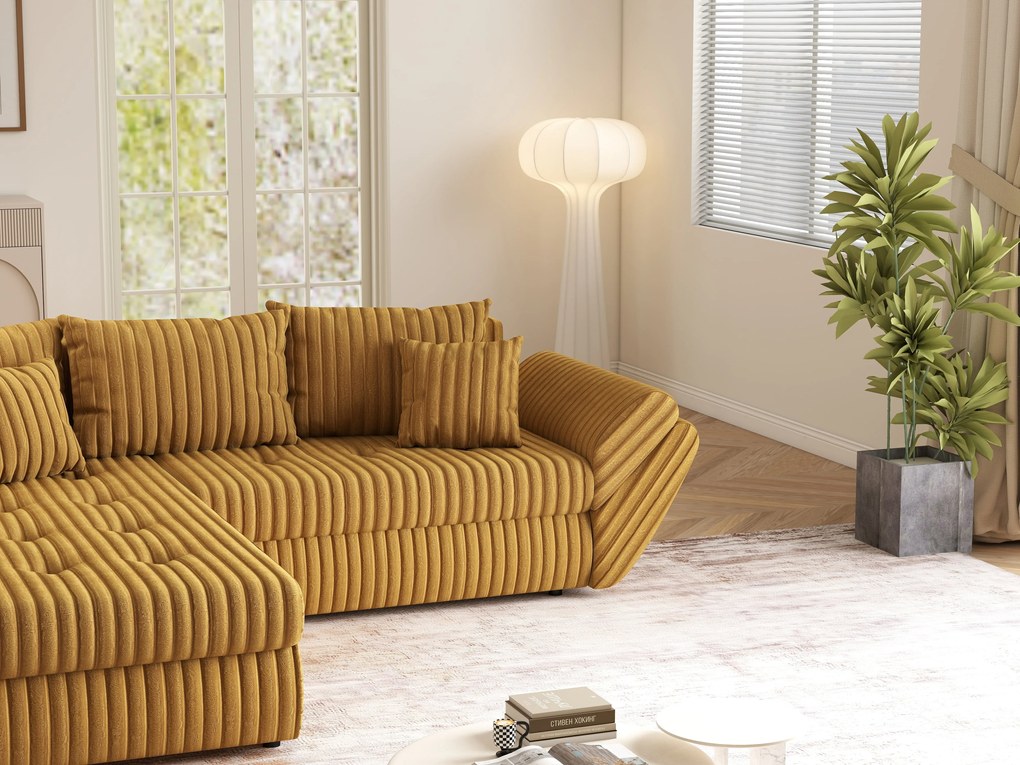 Colțar extensibil dumonde cu ladă de depozitare si sezut confortabil din spuma high-density, Loana Ambience Mustar 270x185 cm