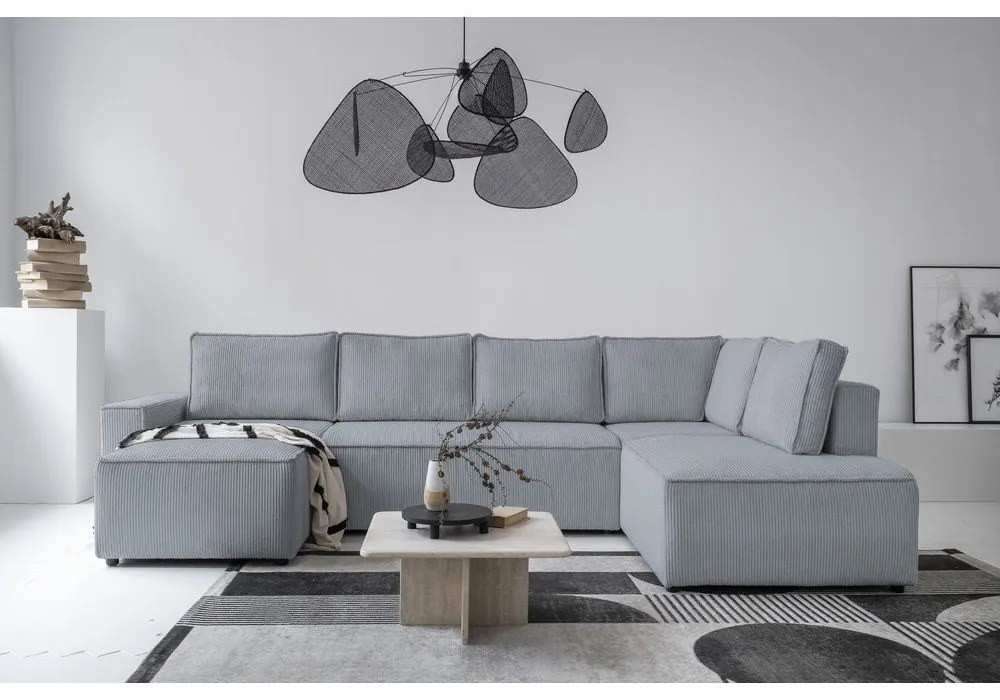 Colțar gri deschis extensibil cu tapițerie din catifea reiată (cu colț pe partea dreaptă/în formă de "U") Brave Dave – Miuform