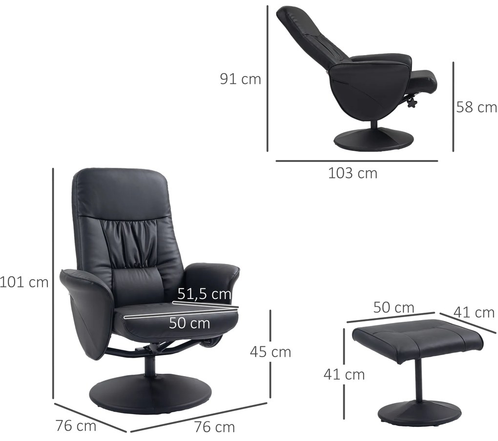 HOMCOM Set de 2 piese Fotoliu cu Taburet Fotoliu de relaxare cu Taburet, reglabil în înălțime, spătar înclinabil, Negru | Aosom Romania