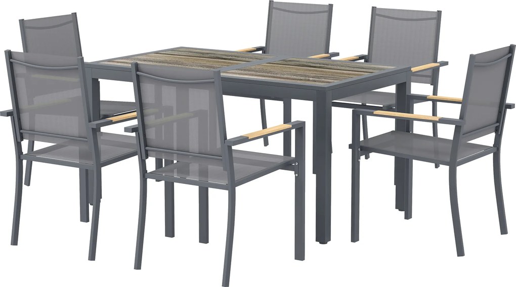 Outsunny Set Mobilier de Grădină 7 Piese Masă Aspect Lemn 6 Scaune Suprapuse din Textilenă 140x80x72cm Gri | Aosom Romania