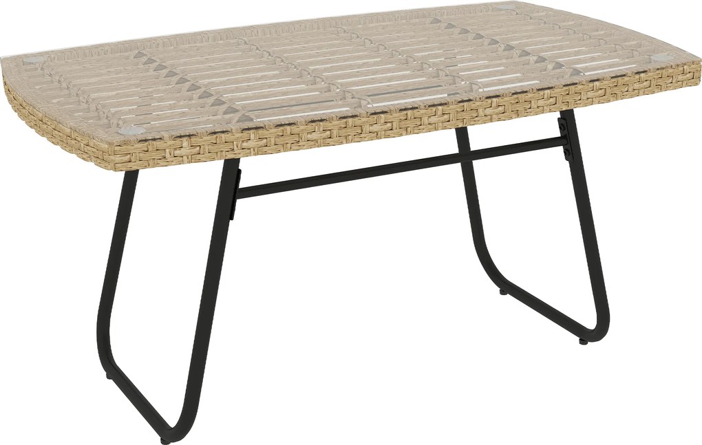 Outsunny Masă polyratan pentru grădină, 90 x 50 x 45 cm, rezistentă la UV, măsuță laterală cu blat de sticlă Lemn natural | Aosom Romania