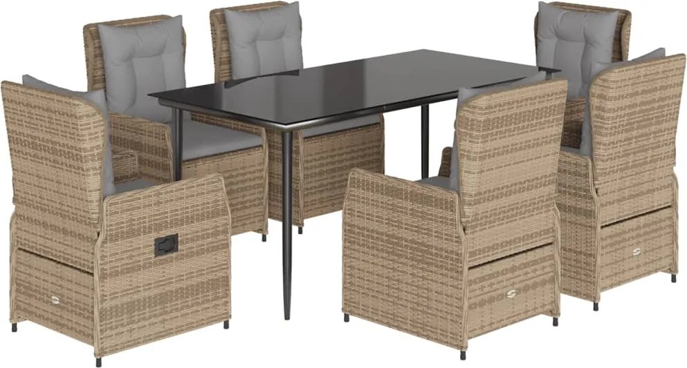vidaXL Set de masă pentru grădină, 7 piese, cu perne, bej, poliratan