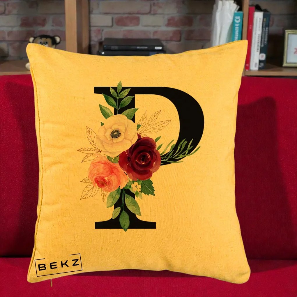 Cadou Personalizat - Perna Personalizata Monograma Florala Litera P, 40x40 cm, Galben, Husa Detasabila, Perna Inclusa, BEKZ®