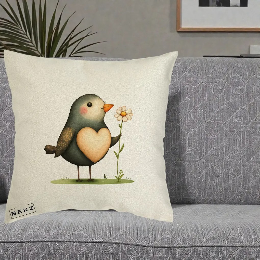 Perna Decorativa Pasare cu Inima si Margareta, 40x40 cm, Ecru, Husa Detasabila, Perna Inclusa, BEKZ®