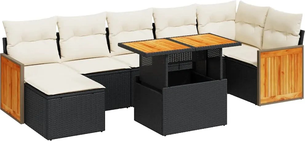 vidaXL Set mobilier grădină perne 8 piese negru, poliratan/lemn acacia