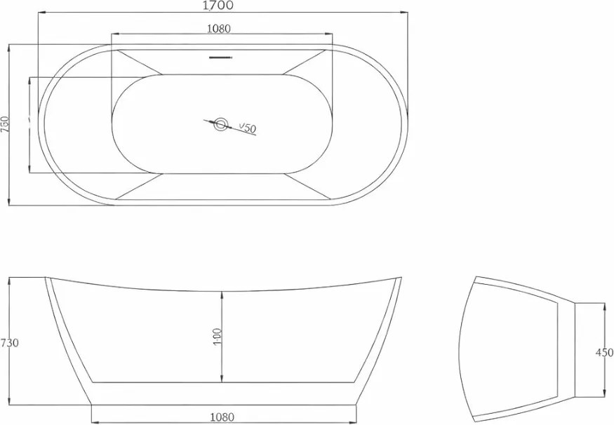 Cada baie freestanding slim 170 x 77 cm, ovala cu preaplin, Bella Foglia 1700x770 mm