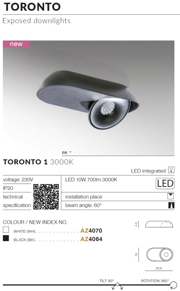 Spot LED modern directionabil aplicat tavan/plafon TORONTO 1 negru