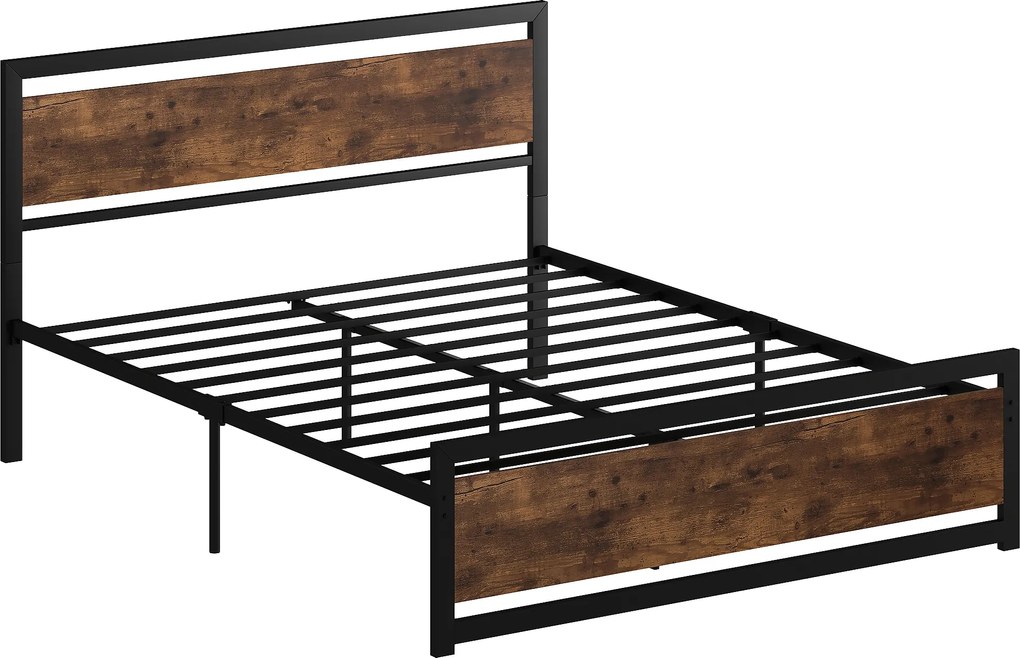 HOMCOM Cadru Pat Matrimonial din Lemn si Otel 160x200cm, Sipci Integrate si Tetiera in Stil Industrial, Negru Maro Rustic