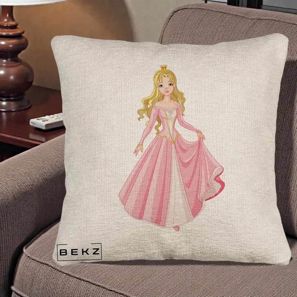 Perna Decorativa Printesa Aurora Rochie Roz, 40x40 cm, Bej Canapea, Husa Detasabila, Perna Inclusa, BEKZ®