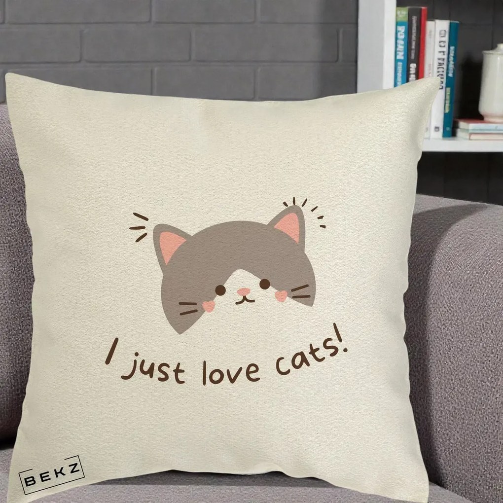 Perna Personalizata I Just Love Cats Pisica Kawaii, 40x40 cm, Ecru, Husa Detasabila, Perna Inclusa, BEKZ®