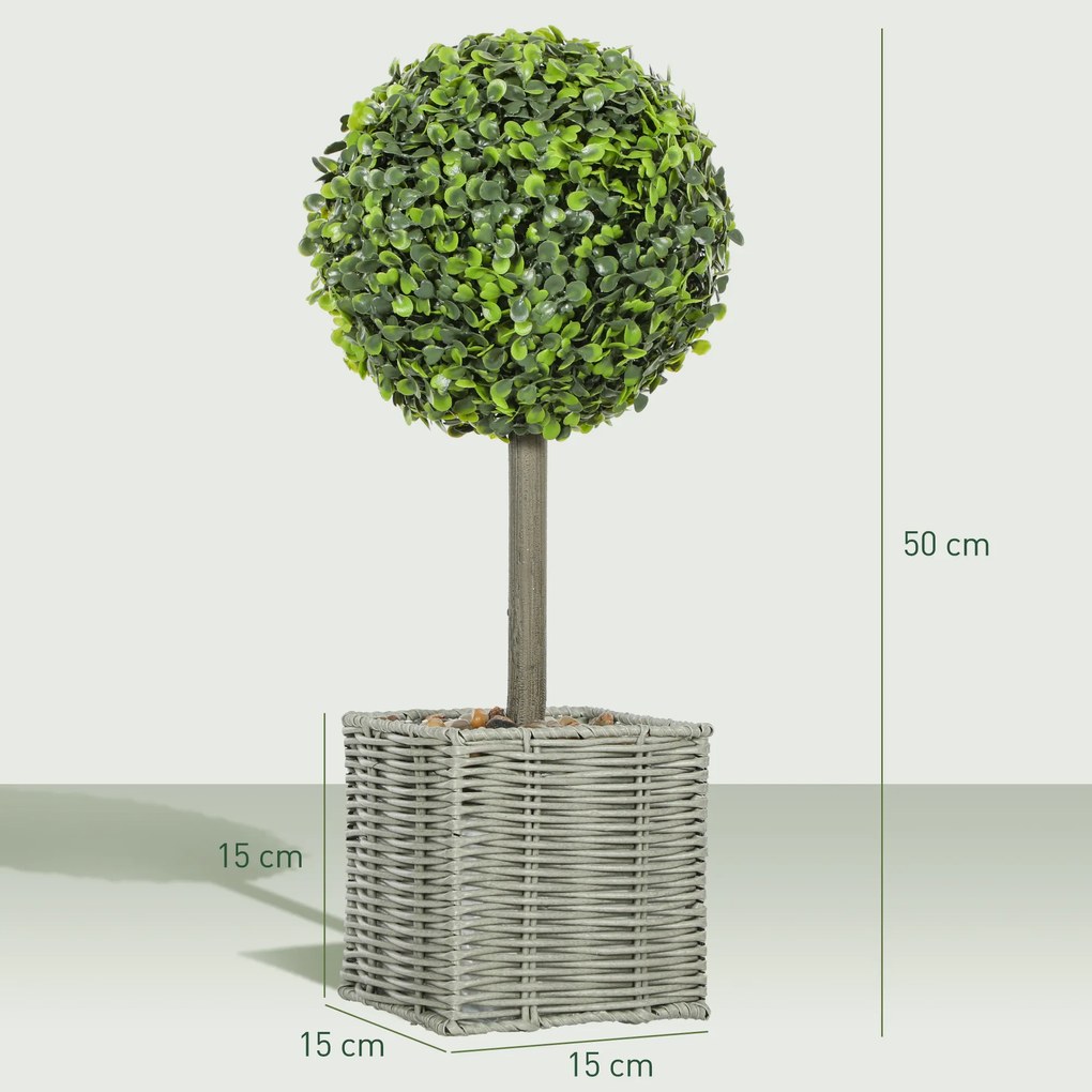 HOMCOM Set de 2 plante artificiale decorative, bile de buxus artificial 50 cm cu ghiveci din plastic împletit și pietre, verde | Aosom Romania