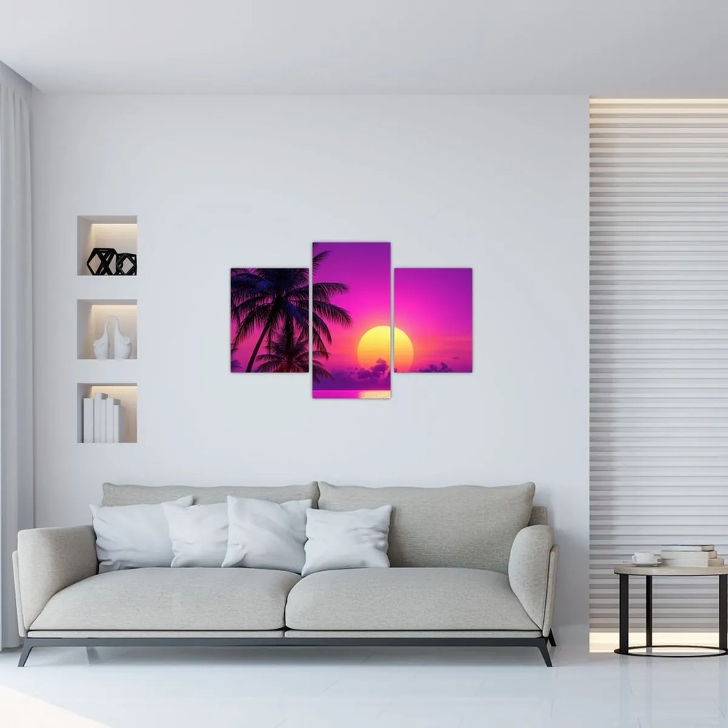 Tablou - Apus violet cu palmier (90x60 cm)