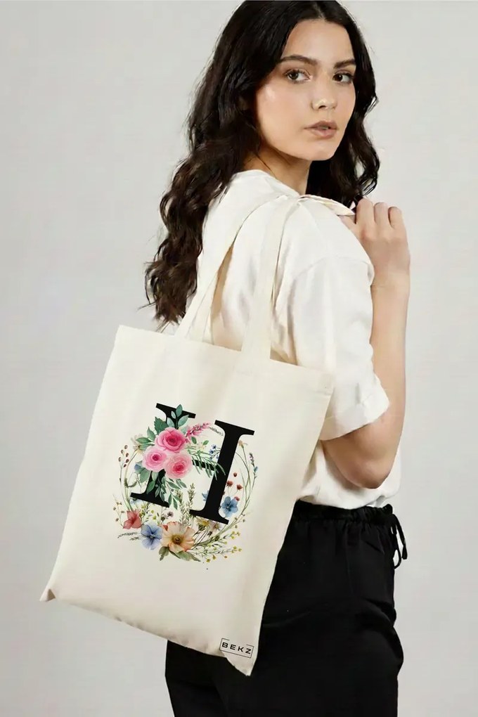 Sacosa de Panza pentru Cumparaturi, Geanta Tote, Cu litera H in Coronita Florala, 38x34.5 cm, Alba, BEKZ®