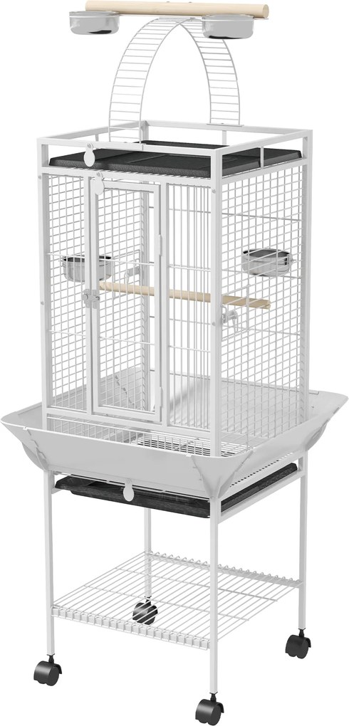 PawHut Colivie pentru păsări, volieră pe roți cu suport, tavă glisantă, bară de lemn pentru odihnă, 62,5x62,5x156cm, alb | Aosom Romania