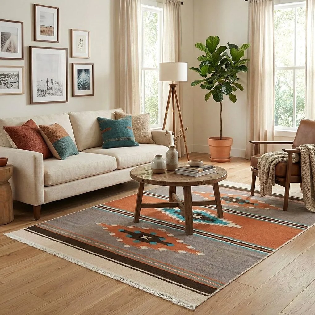 Covor camera antiderapant, etnic maro teracota, Model Navajo, 160x230 cm