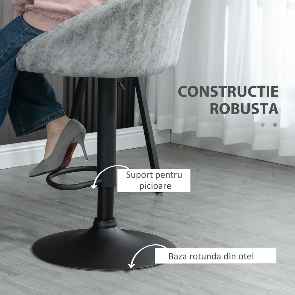 HOMCOM Set 2 Scaune Bar Rotative Piele PU Gri, Confortabile și Reglabile în Înălțime | Aosom Romania