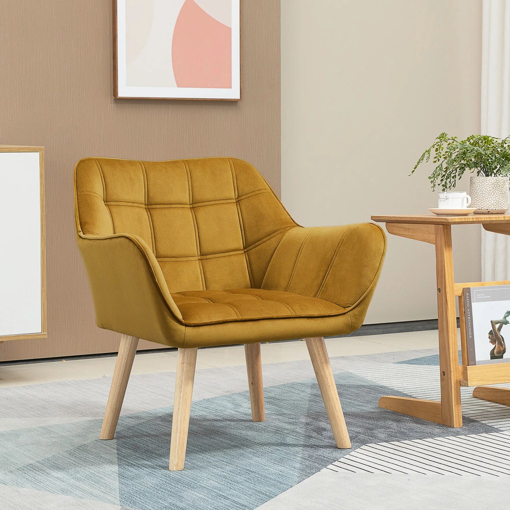 HOMCOM Fotoliu Tapitat, Fotoliu Cu Accente, Design Nordic, Efect De Catifea, până la 120 kg, picioare din lemn de cauciuc, Galben | Aosom Romania