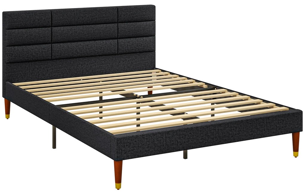 HOMCOM Cadru de pat dublu pentru 2 persoane cu somier cu lamele și cap de pat tapitat compatibil cu salteaua 140 x 200 cm, negru | Aosom Romania