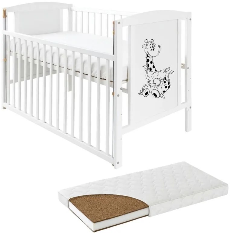 Patut din lemn masiv 120x60 cm Bria alb cu laterala culisanta si saltea cocos LUX 120x60x12 cm, reglabil pe 3 nivele, certificat EN71