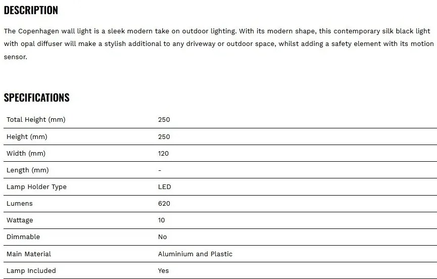 Aplica de perete exterior cu senzor de miscare IP54 LED Copenhagen