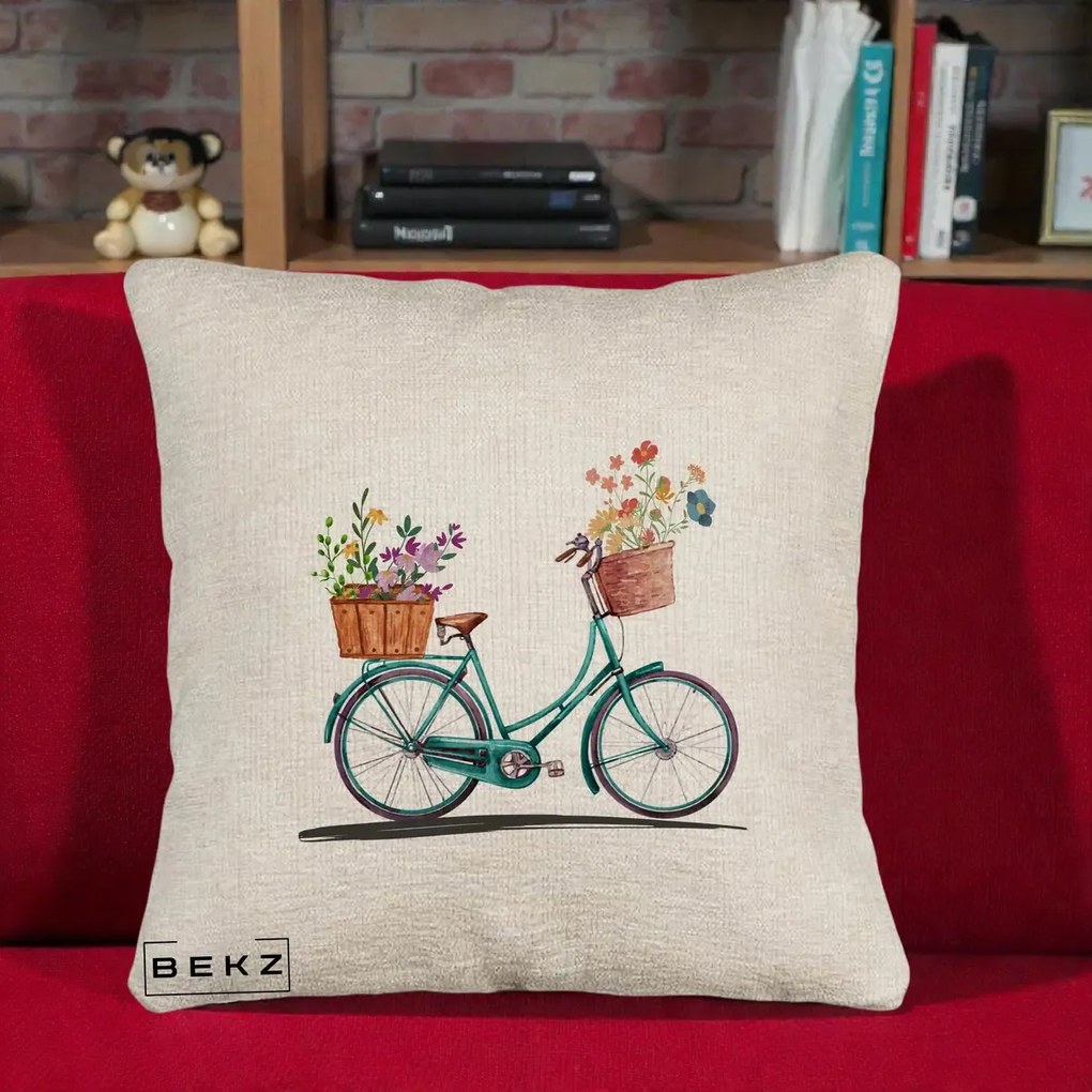 Perna Decorativa Bicicleta Florala Turcoaz Acuarela, 40x40 cm, Bej Canapea, Husa Detasabila, Perna Inclusa, BEKZ®