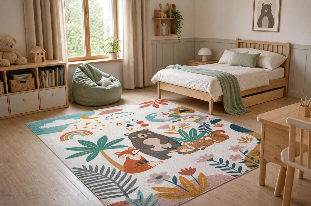 BAMBINO 61410 covor lavabil Animale, stele, nori pentru copii anti-alunecare - cremă / verde