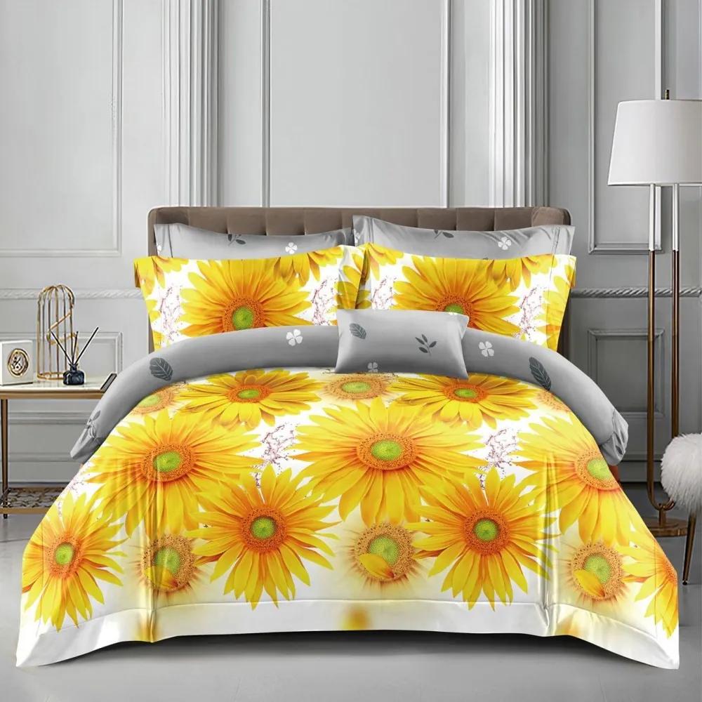 Lenjerie pat dublu cu două feţe  4 piese  Bumbac Satinat Superior  Galben  flori