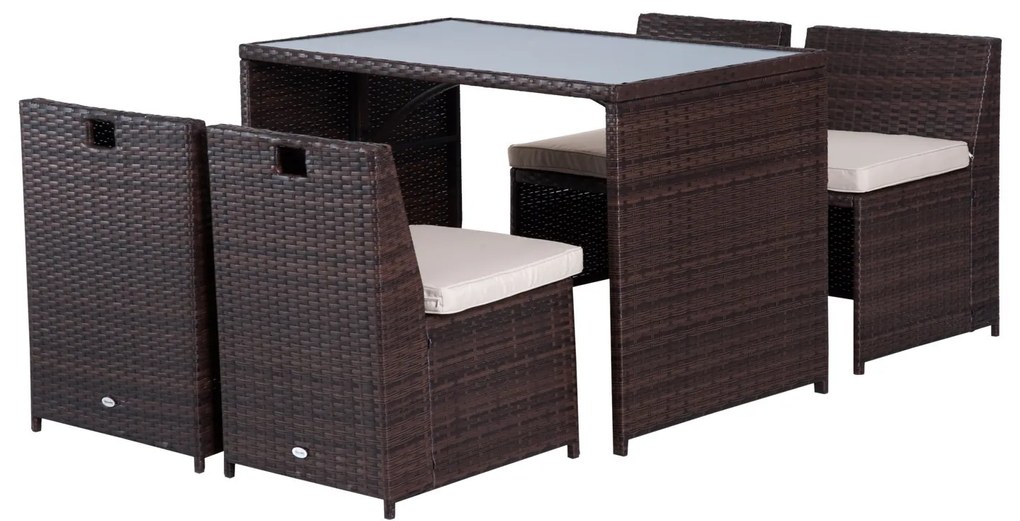 Outsunny Set Mobilier Grădină Ratan 5 Piese, Masă Prânz, 4 Scaune Terasă, Perne Incluse, Maro | Aosom Romania