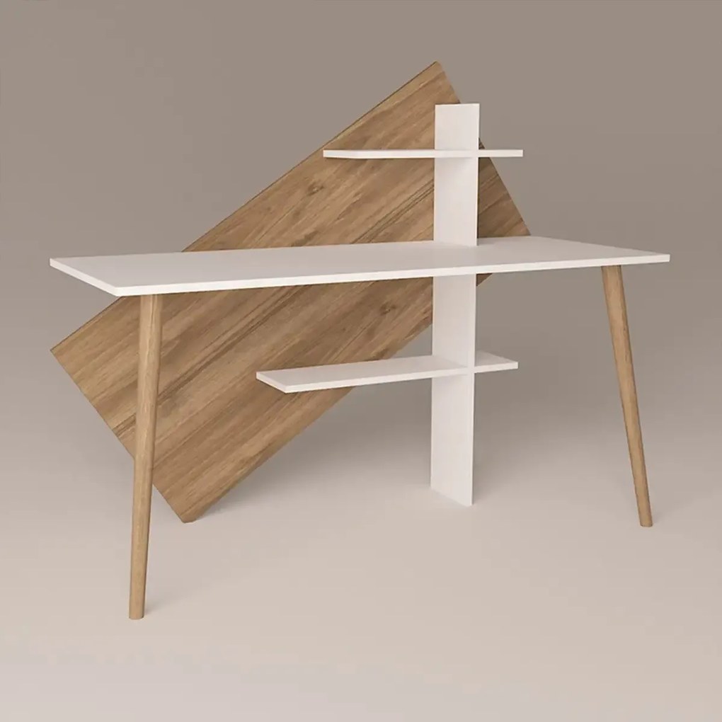 Birou picioare lemn Geometric Homs 140x60 cm nuc-alb