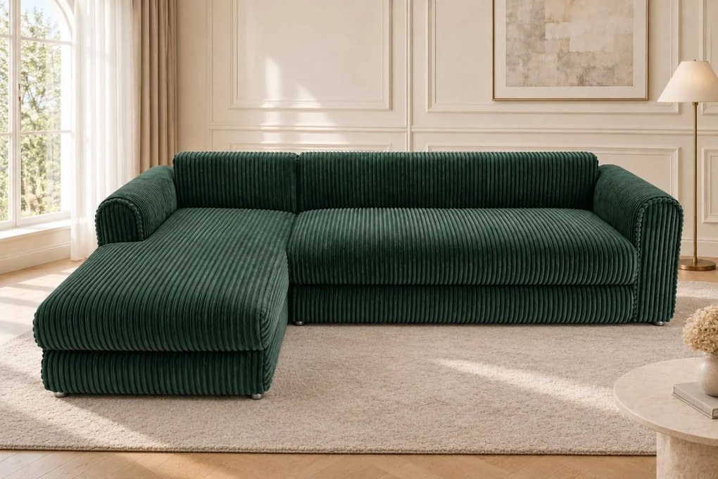 Colțar extensibil Sienna Mini din stofă raiată, verde, colț pe stânga, cu ladă de depozitare