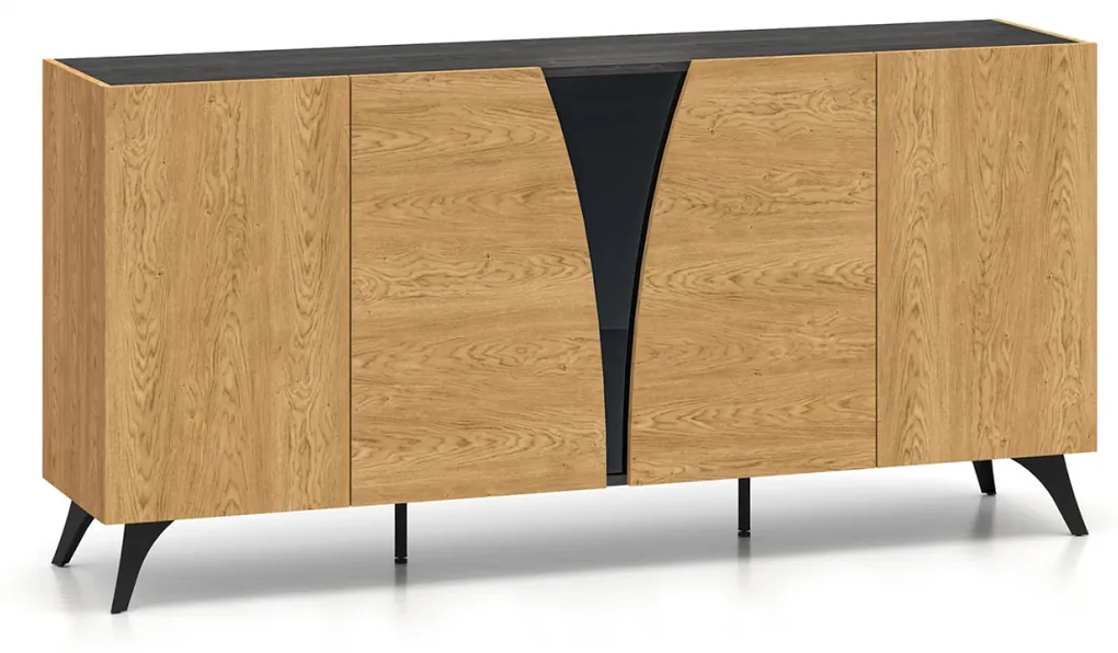 Comoda 170 cm lungime, design exclusivist, sistem push open , stejar portland stejar cafea inchis sticla neagra, picioare negre, 40 cm adancime