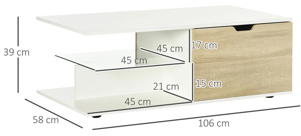 HOMCOM Masă de Cafea Modernă cu Raft din Sticlă Călită și Doua Sertare, Mesă de Cafea pentru Camera de Zi, 106x58x39 cm, Alb | Aosom Romania