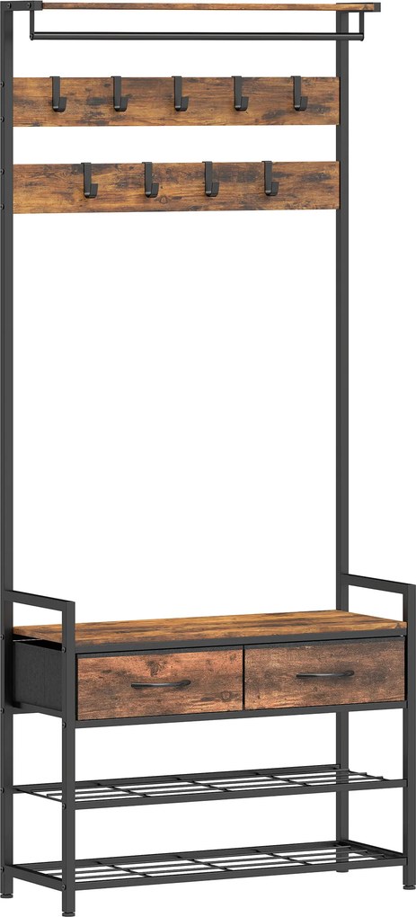 HOMCOM Cuier de Podea 5 în 1, 181,5 cm, cu Bancă și Suport pentru Încălțăminte, 10 Cârlige, Metal, Maro Rustic | Aosom Romania