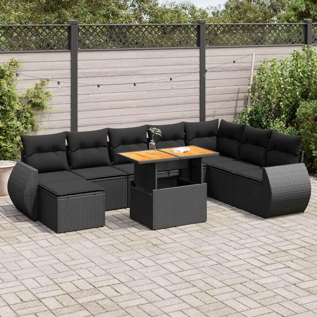 3327296 vidaXL Set mobilier de grădină cu perne, 9 piese, negru, poliratan