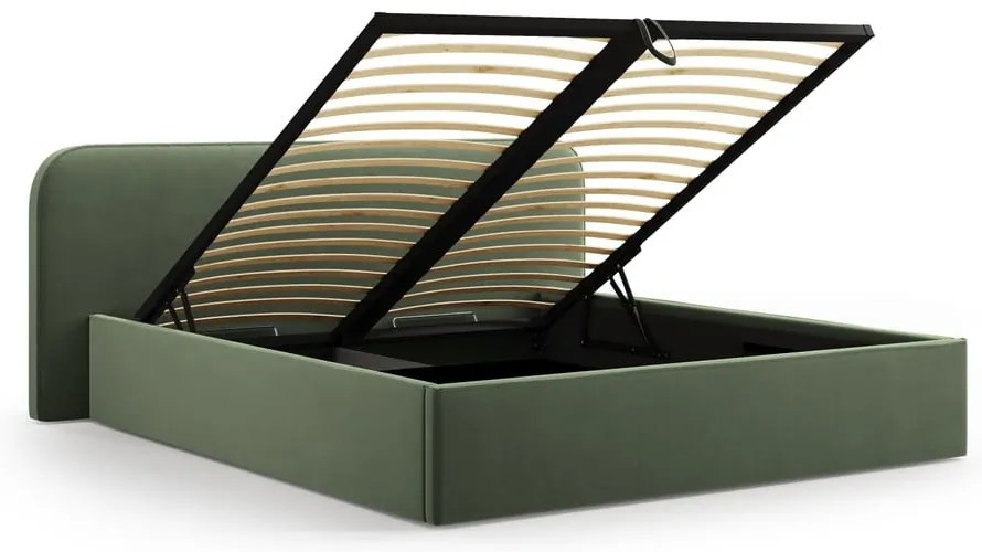 Pat matrimonial verde tapițat cu spațiu de depozitare cu somieră 200x200 cm Elizabeth – Micadoni