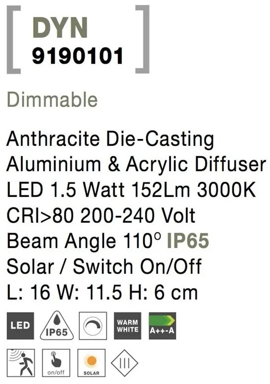 Aplica LED solara de exterior cu senzor miscare IP65 DYN