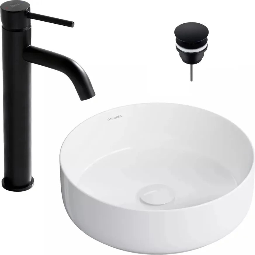 Pachet lavoar pe blat Omnires Tulsa alb 36 cm, baterie lavoar Rea Lungo negru si ventil lavoar Click-Clack D negru