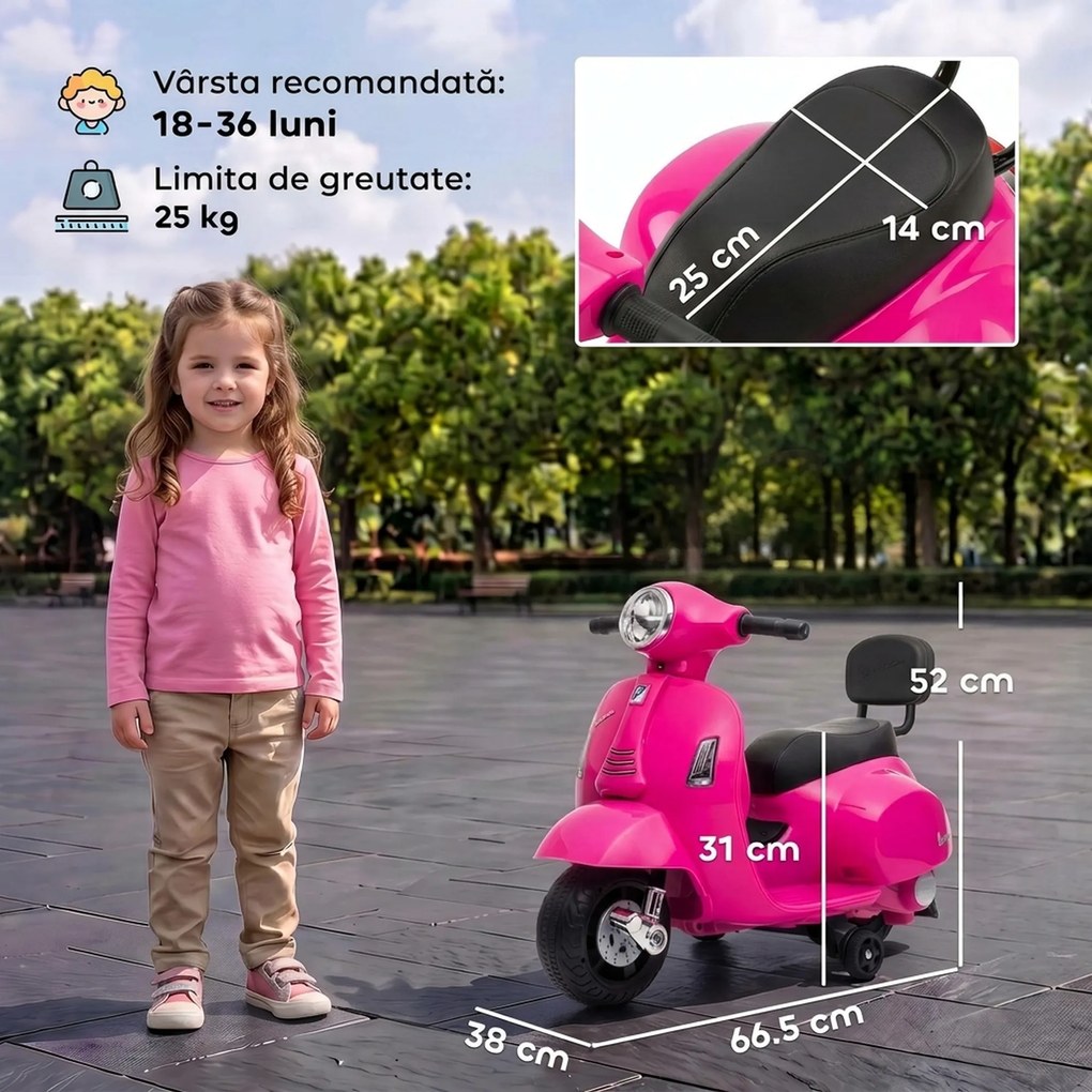AIYAPLAY Motocicletă Electrică pentru Copii 1,5-3 Ani Mini Vespa Gts 7,2V, Roz | Aosom Romania