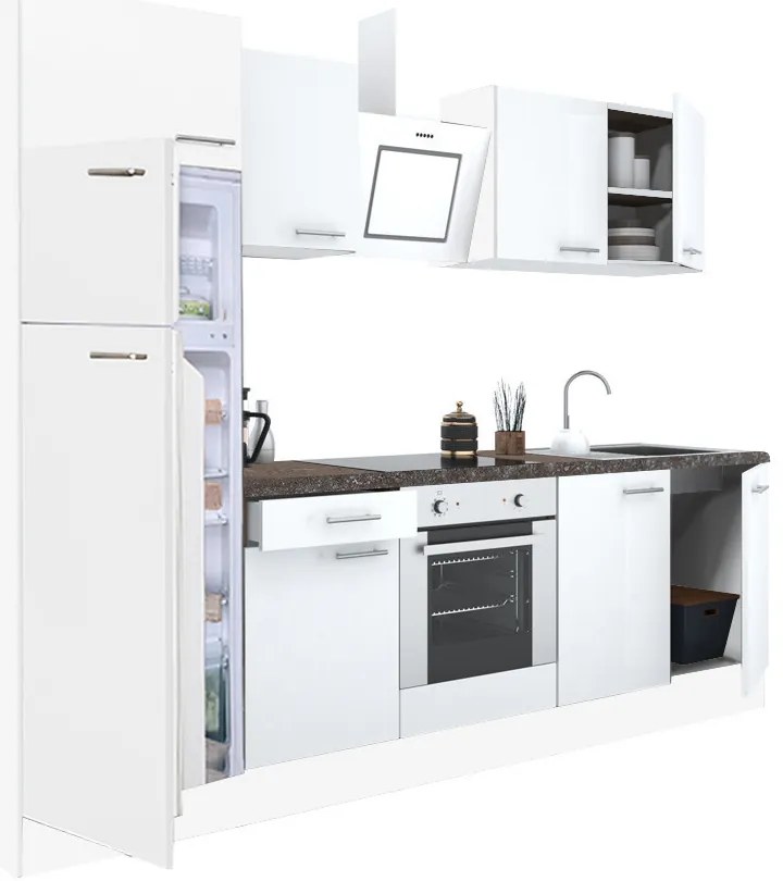 Mobilă de bucătărie Yorki 270, corp alb, față alb satinat, element cuptor inferior, frigider congelator superior