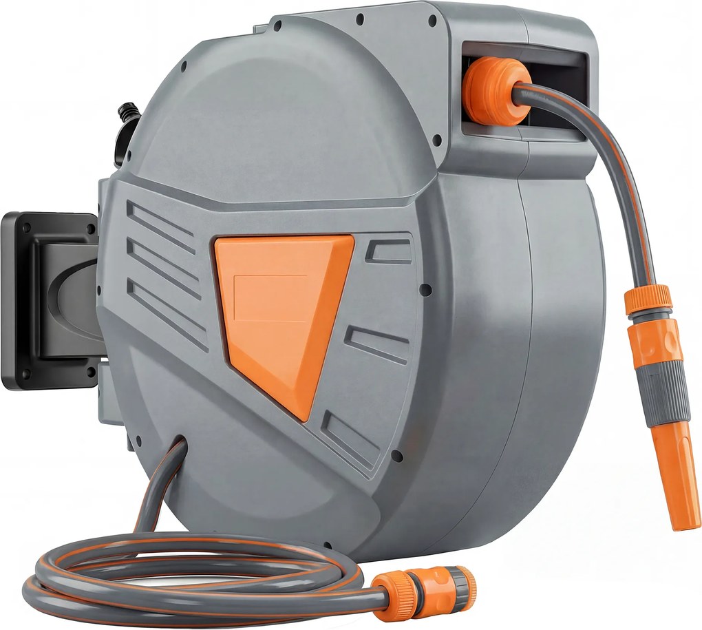 Outsunny Tambur pentru furtun retractabil 30+2 m cu duză în 2 moduri, blocare automată și retragere controlată, suport, portocaliu | Aosom Romania